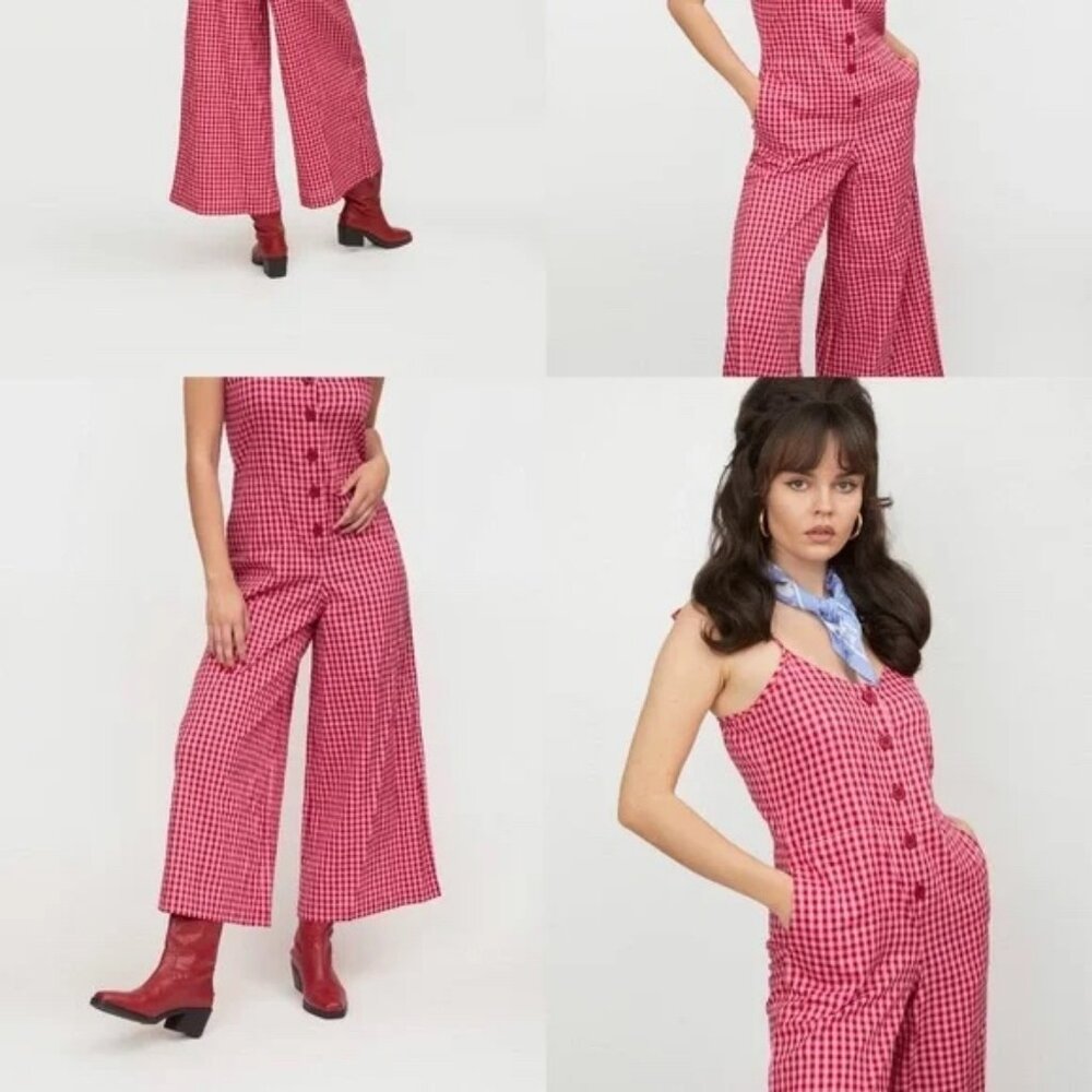 NWT Lazy Oaf Red Gingham Checkin You Out Wide Leg Jumpsuit